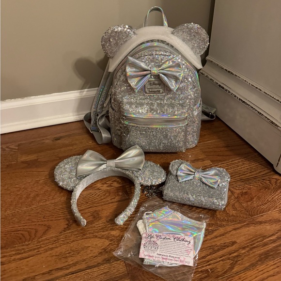 Loungefly iridescent sequin mini backpack, wallet, ears, and facemask